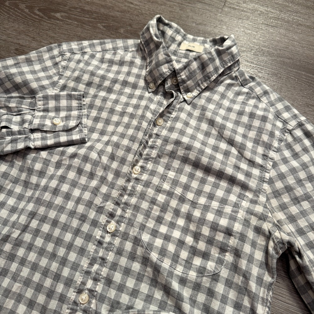 J Crew Shirt Mens XS Gray Gingham Organic Cotton Slim Secret Wash Heritage Adult
